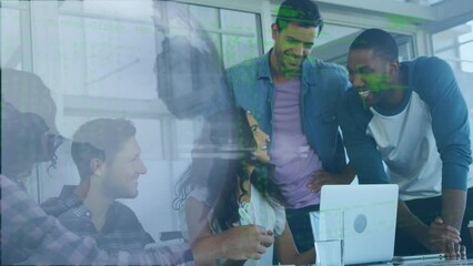Poster - Animation of spinning globe icon and data processing over diverse colleagues discussing together