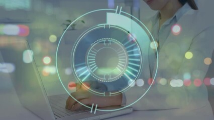 Poster - Animation of neon round scanner and spots of light over asian businesswoman using laptop at office