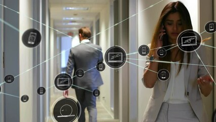 Poster - Animation of network of digital icons over biracial businesswoman talking on smartphone at office