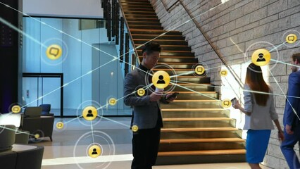 Poster - Animation of network of digital icons over asian businessman using smartphone at office