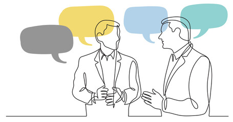 Poster - two standing businessmen talking discussing work problems with speech bubbles - png image with trans