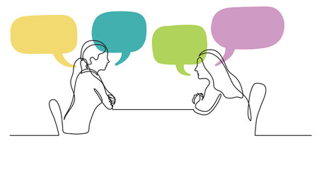 Poster - two young women sitting behind table talking with speech bubbles - PNG image with transparent background