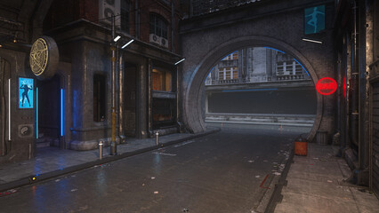 Aufkleber - Dark grungy futuristic urban street in a seedy cyberpunk city. 3D illustration.