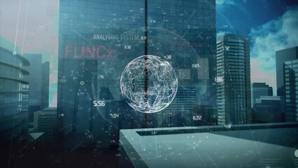 Poster - Animation of globe of connections and data processing over cityscape