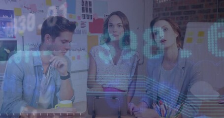 Poster - Animation of financial data processing over diverse business people using tablet