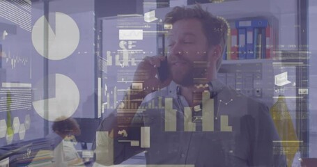 Poster - Animation of financial data processing over man using smartphone