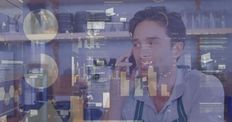 Poster - Animation of financial data processing over man using smartphone