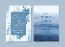 Watercolor Wedding Invitation Template Set With Blue Floral And Leaves Decoration