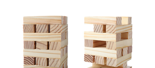 Sticker - Jenga towers of wooden blocks on white background