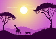 Vector Illustration Of African Wildlife With Purple Silhouettes