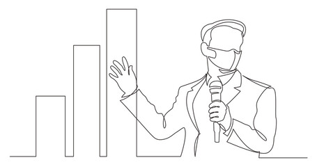 Poster - continuous line drawing business trainer showing increasing chart wearing face mask - PNG image with transparent background