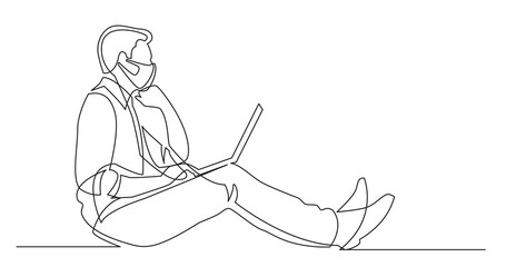 Poster - continuous line drawing businessman sitting thinking with laptop computer wearing face mask - PNG image with transparent background