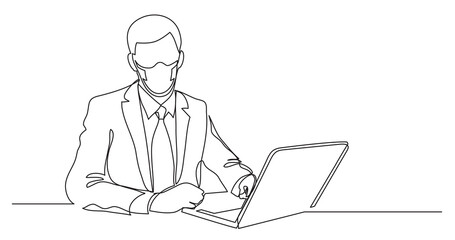 Poster - continuous line drawing businessman with laptop computer wearing face mask - PNG image with transparent background