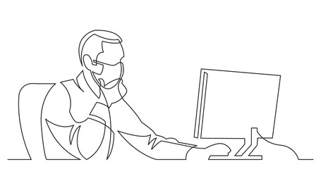 Poster - continuous line drawing businessman working behind computer wearing face mask - PNG image with transparent background