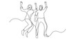 continuous line drawing happy couple man woman wearing face mask - PNG image with transparent background