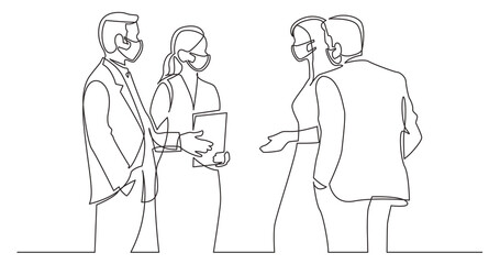Poster - continuous line drawing group standing businee people discussing deal wearing face mask - png image 