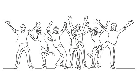 Wall Mural - continuous line drawing happy cheerful crowd of people wearing face mask - PNG image with transparent background