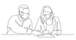 continuous line drawing man nstructing woman on work place wearing face mask - PNG image with transparent background