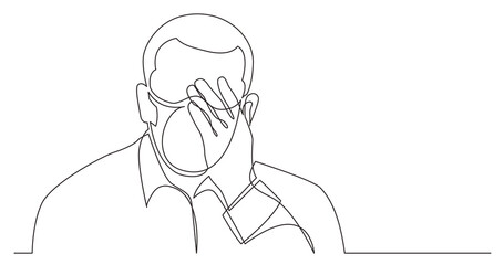 Wall Mural - continuous line drawing man in deep depression wearing face mask - png image with transparent backgr