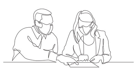 Poster - continuous line drawing man nstructing woman on work place wearing face mask - PNG image with transparent background