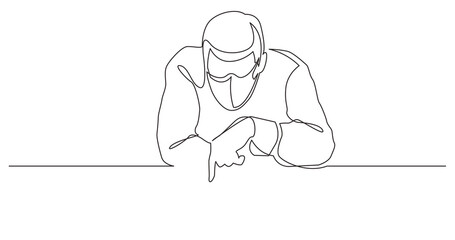 Poster - continuous line drawing man pointing at blank banner wearing face mask - png image with transparent 