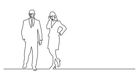 continuous line drawing of couple of standing business persons wearing face mask - PNG image with transparent background