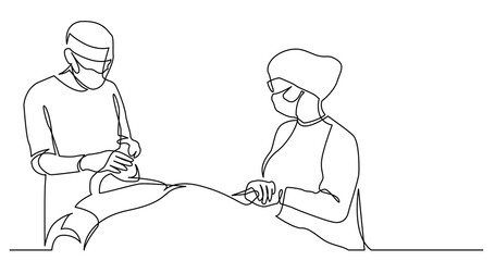 continuous line drawing of two doctors in masks putting ventilator on coronavirus patient - PNG image with transparent background