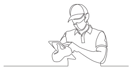 Poster - continuous line drawing standing delivery guy filling order on tablet wearing face mask - png image 