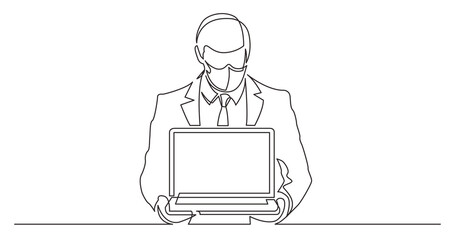 Poster - continuous line drawing standing man in suit showing laptop computer wearing face mask - PNG image with transparent background
