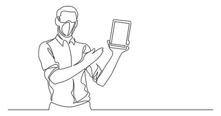 Poster - continuous line drawing standing man showing at tablet wearing face mask - PNG image with transparent background