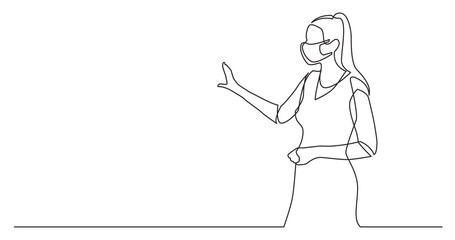 Poster - continuous line drawing standing woman presenter showing at screen wearing face mask - PNG image with transparent background