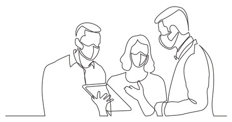 Poster - continuous line drawing team discussing work task wearing face mask - PNG image with transparent background