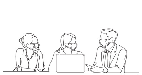 Poster - continuous line drawing three employees talking wearing face mask - PNG image with transparent background
