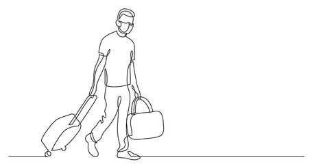 Wall Mural - continuous line drawing traveler walking rolling bag on wheels wearing face mask - PNG image with transparent background