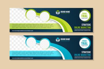 Poster - strategy online marketing horizontal webpage banner design template. combination of green and blue gradient colors. space photo collage. transparency dot circle halftone pattern. abstract modern style