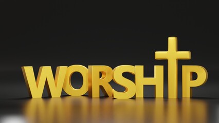 Worship gold word. 3D rendering. Christian worship to GOD in Church. Online worship.