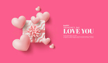Greeting Valentines Day Design, With 3d Gift Box And Pink Love Balloons Around The Gift Box. Premium Design With A Feminine Feel.