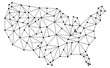 Abstract map of the USA with dots connected by lines. The territory of the USA is drawn with triangles. Transportation links between cities in the USA. Transportation of information in the country. 