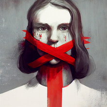 Woman With Tape On Mouth, Speech Freedom Of Expression Democracy Feminism And Censored, Surreal Art Portrait Illustration, Political Art, Women's Rights.