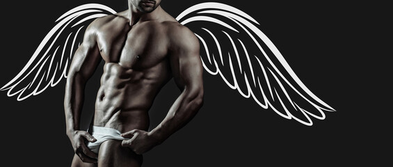 Photo banner of sexy man with wings for valentines day. Sexy man with muscular body and bare torso. Naked muscular male angel.