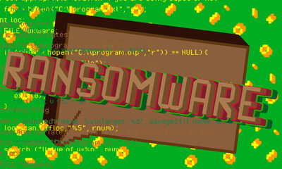 Poster - Ransomware. Pixelated word with geometric graphic background. Vector cartoon illustration.