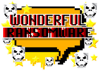 Poster - Wonderful Ransomware. Pixelated word with geometric graphic background. Vector cartoon illustration.