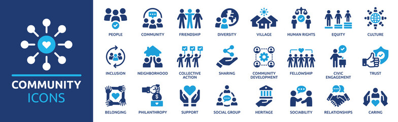 community icon set. containing people, friendship, social, diversity, village, relationships, suppor