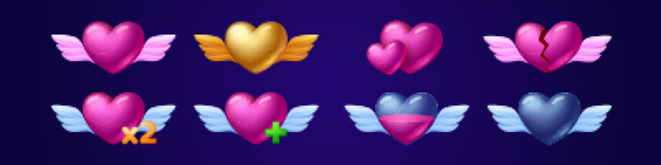 Poster - set of winged heart game icons, fill progress score, level elements, red or gold, full and empty use