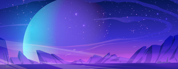 Wall Mural - mars surface, alien planet landscape with sand or dust storm. cartoon background with empty rocks, b