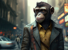 Portrait Of Stylish Fashion Monkey Walking In The City