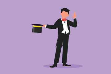 Wall Mural - Cartoon flat style drawing funny male magician standing in suit with okay gesture and holding his hat magic and wand performing tricks at circus show entertainment. Graphic design vector illustration