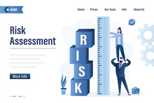 Risk Assessment, Landing Page Template. Business Team Uses Big Ruler For Measuring Financial Risk. Cubes With Text - RISK. Business Strategy, Planning. Risk Management, Concept.