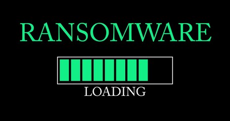 Poster - Ransomware text with Loading, Downloading, Uploading Bar Indicator. Download, Upload on computer screen.