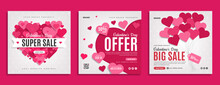Valentine's Day Sale Promotion Social Media Banner Post Template. Business Marketing Flyer With Heart Or Love Balloon. Valentine Day Celebration Web Poster Background Decoration With Ornament.